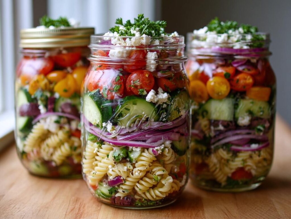 Three mason jars filled with layered Mediterranean pasta salad, featuring fusilli pasta, cherry tomatoes, cucumber, red onion, olives, and feta cheese.