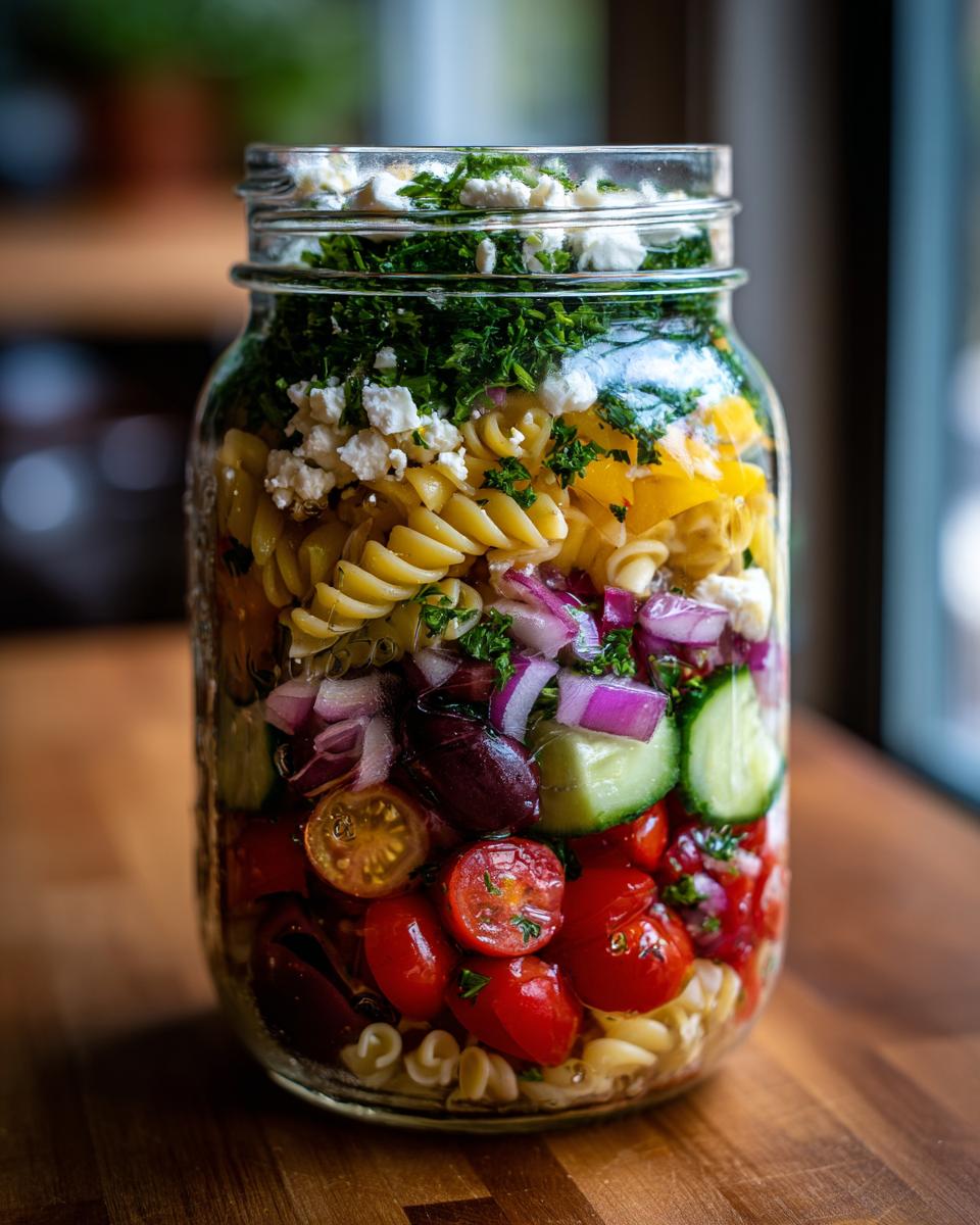 A layered Mediterranean pasta salad jar with fusilli pasta, tomatoes, cucumbers, olives, red onion, bell peppers, feta cheese, and parsley.