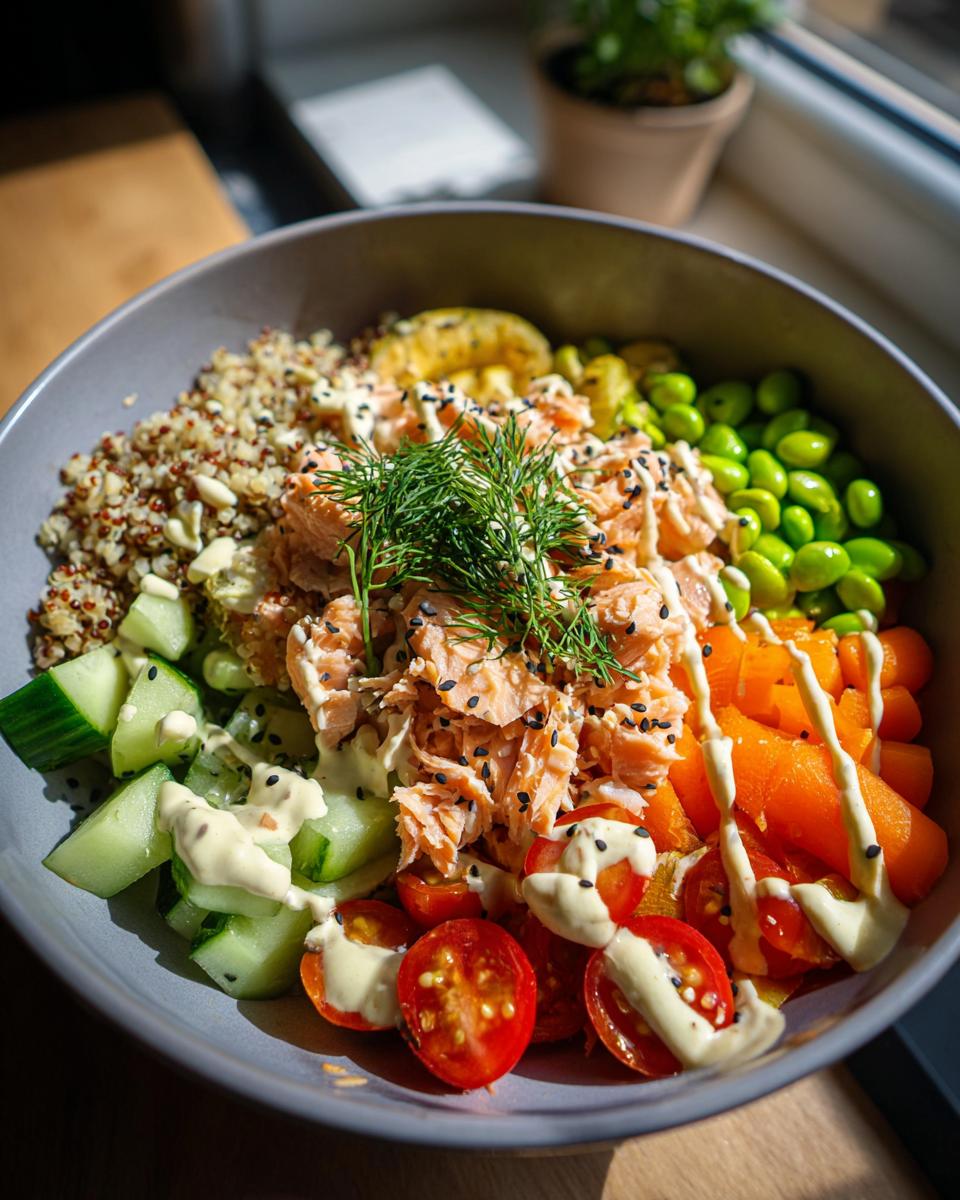 A vibrant salmon power bowl featuring flaked salmon, quinoa, edamame, cucumber, cherry tomatoes, and carrots, drizzled with a creamy dressing.