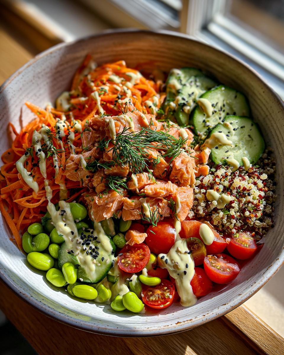 A vibrant salmon power bowl featuring flaked salmon, shredded carrots, edamame, cherry tomatoes, cucumber slices, and quinoa, drizzled with a creamy dressing.