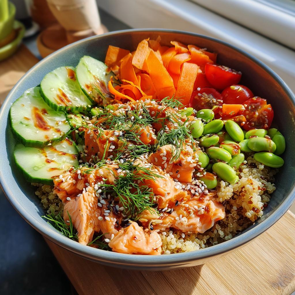 A vibrant salmon power bowl featuring quinoa, flaked salmon, edamame, cucumber, carrots, and cherry tomatoes. Healthy lunch ideas.