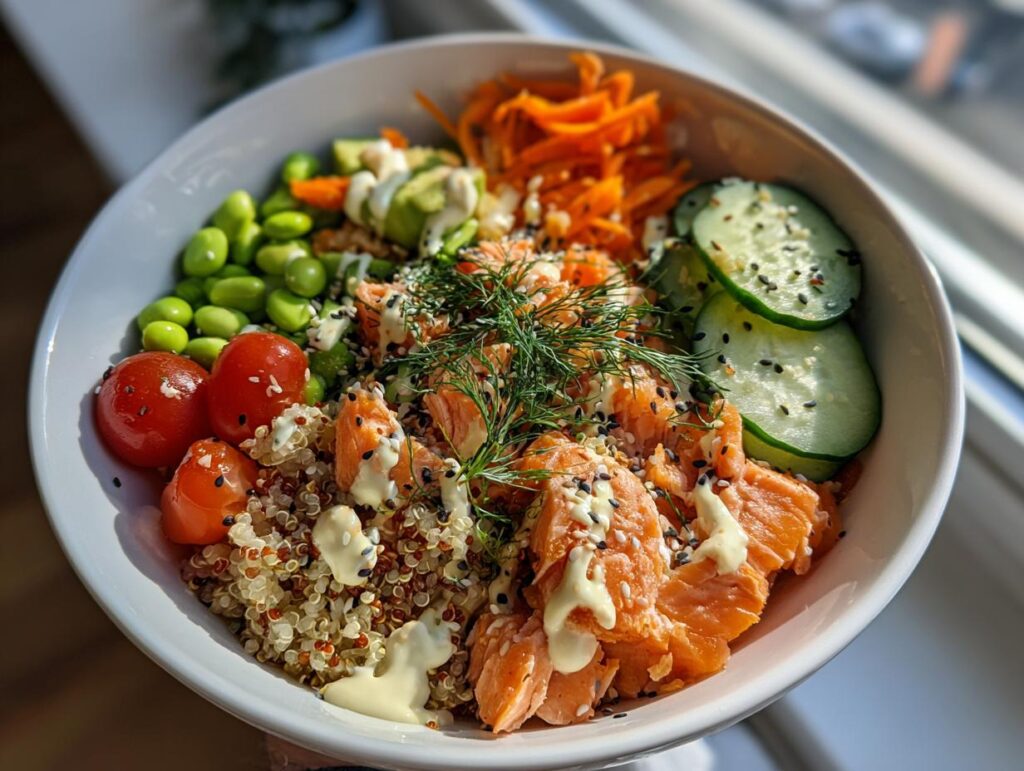 A vibrant and healthy salmon power bowl featuring quinoa, edamame, cherry tomatoes, shredded carrots, cucumber slices, and a creamy dressing.