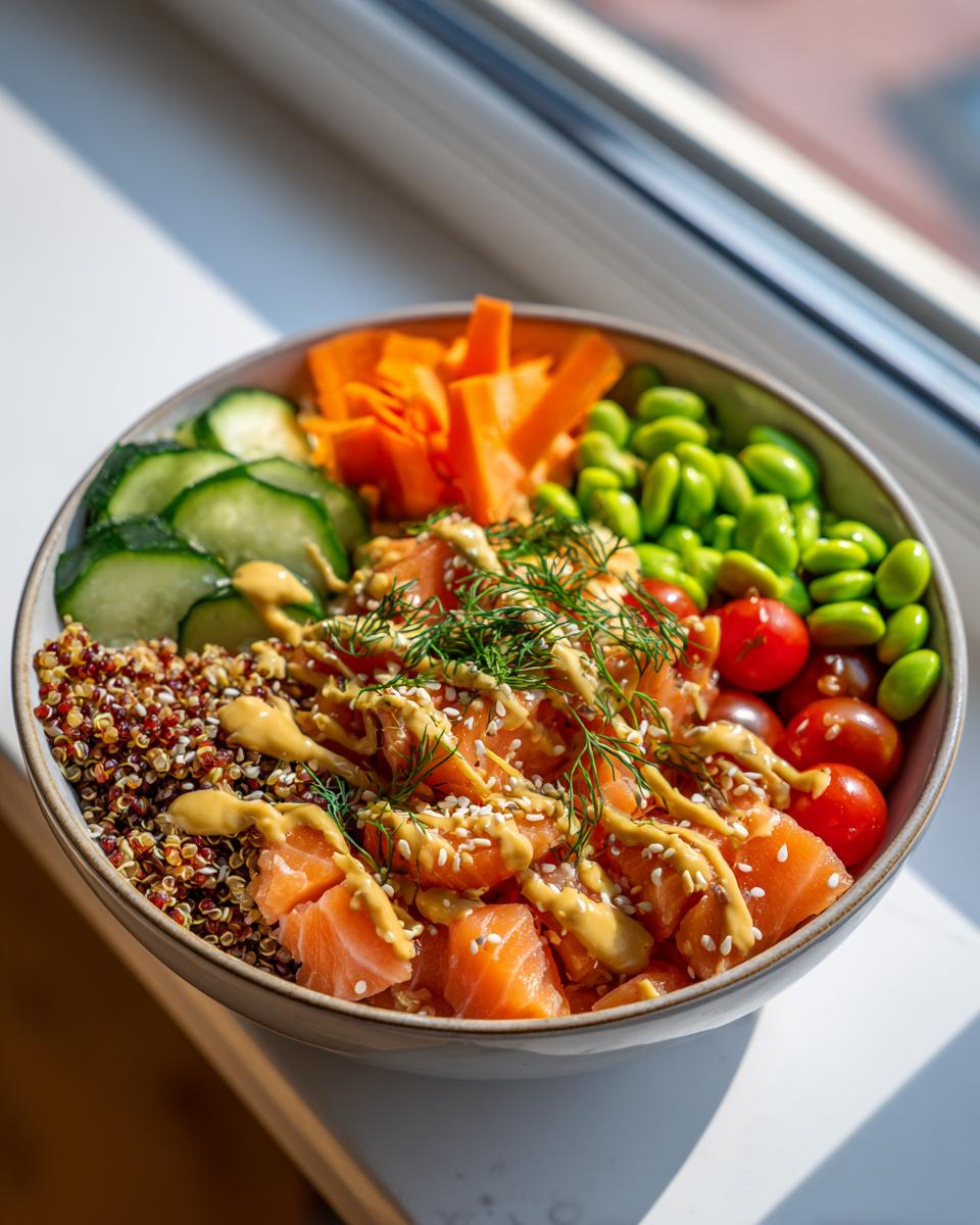 A vibrant and healthy salmon power bowl with quinoa, edamame, cucumber, carrots, and cherry tomatoes, drizzled with a creamy sauce.