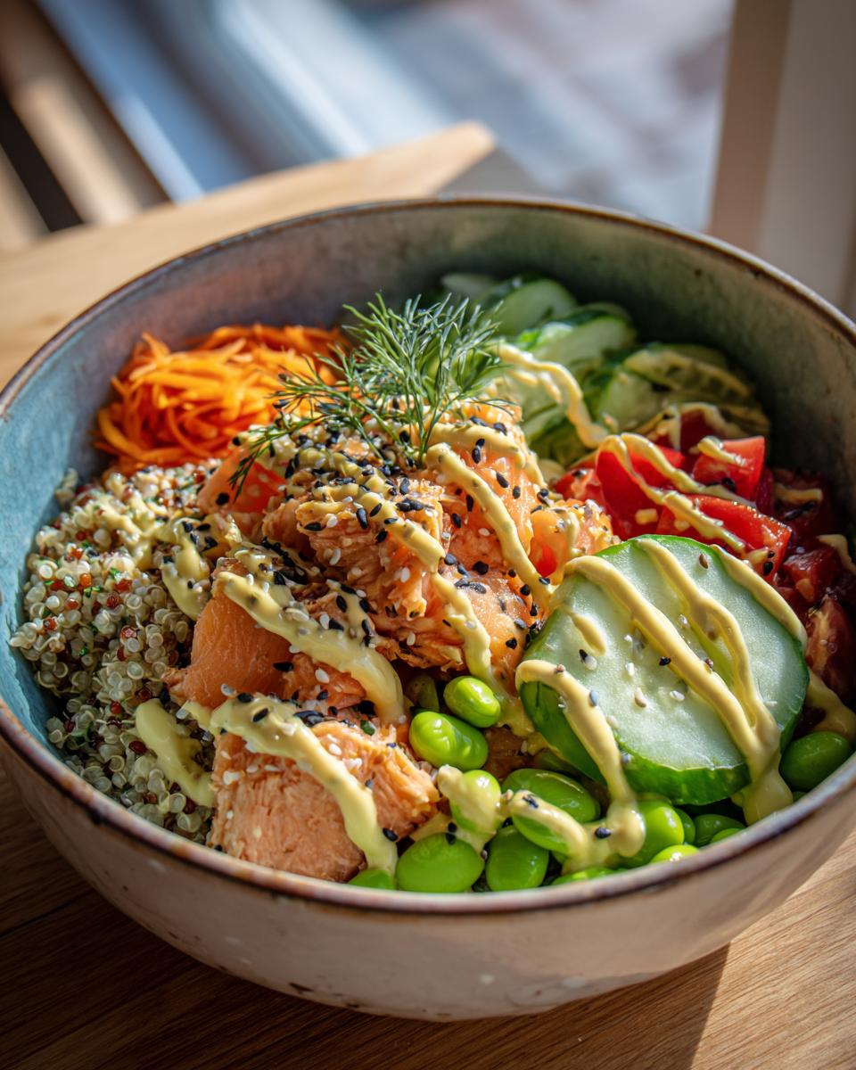 A vibrant salmon power bowl featuring flaked salmon, quinoa, edamame, shredded carrots, cucumber, and tomatoes, drizzled with a creamy dressing.