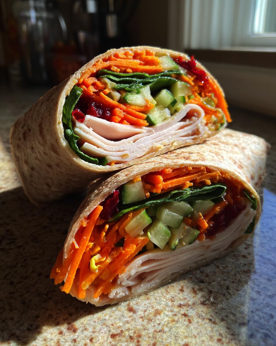 Close-up of a healthy turkey wrap cut in half, showcasing layers of turkey, shredded carrots, cucumber, spinach, and cranberries.