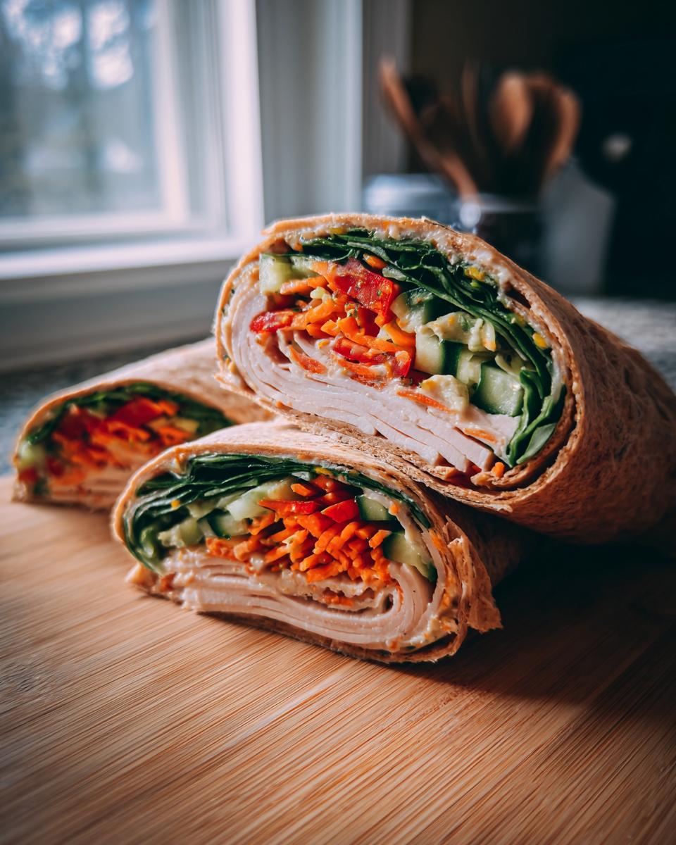 A healthy turkey wrap cut in half, showcasing layers of turkey, shredded carrots, cucumber, spinach, and red peppers.