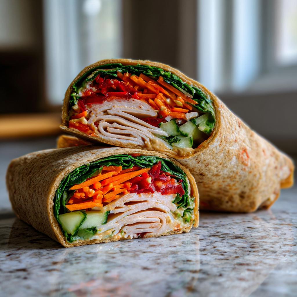 Close-up of a healthy turkey wrap cut in half, revealing layers of turkey, crunchy carrots, cucumber, and red peppers.