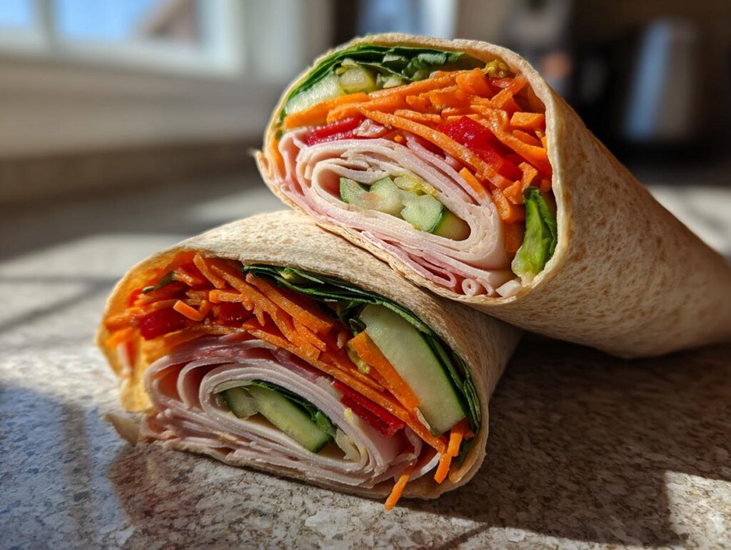 Two halves of a healthy turkey wrap filled with sliced turkey, cucumber, shredded carrots, and red bell peppers.