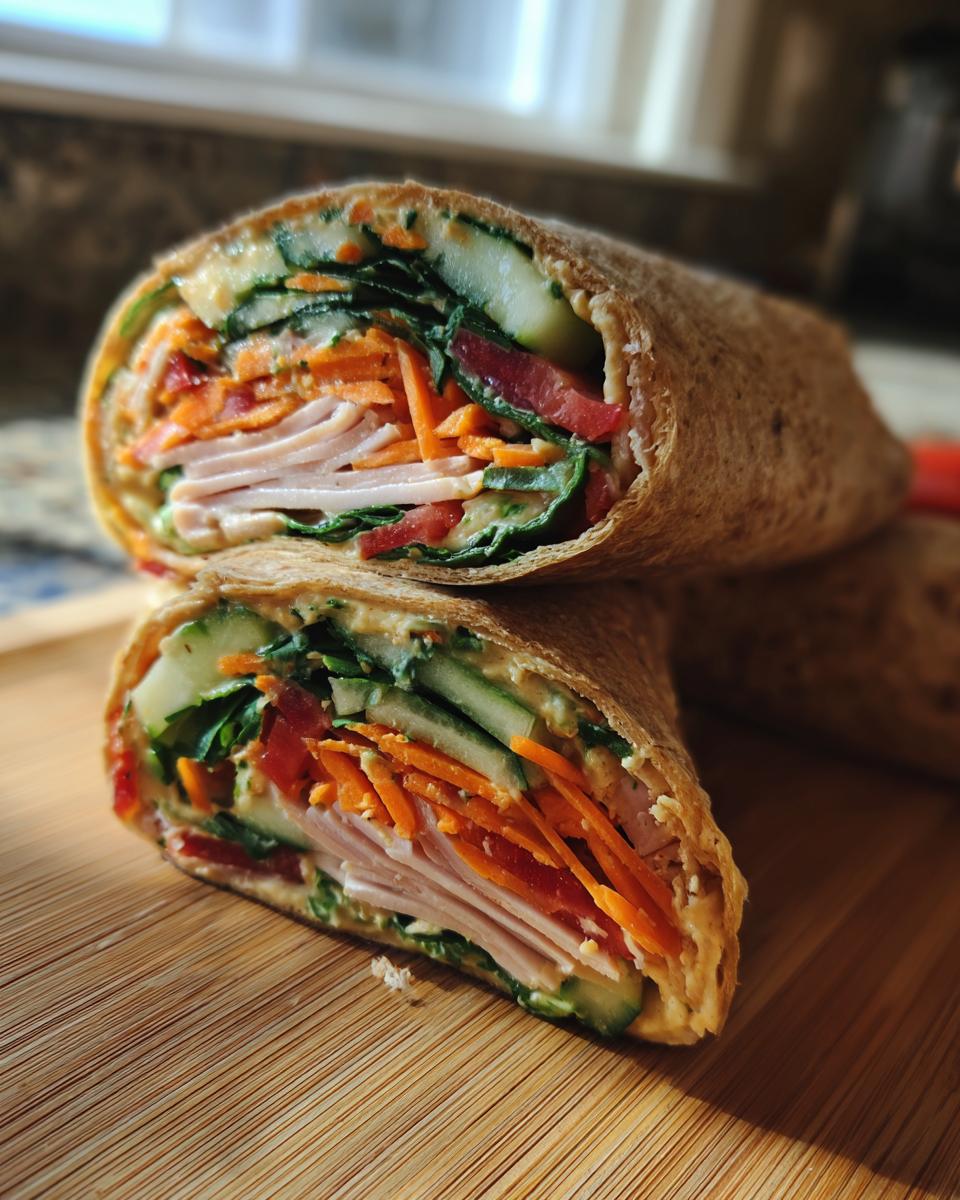 Close-up of a healthy turkey wrap cut in half, showcasing layers of turkey, shredded carrots, cucumber, and greens.