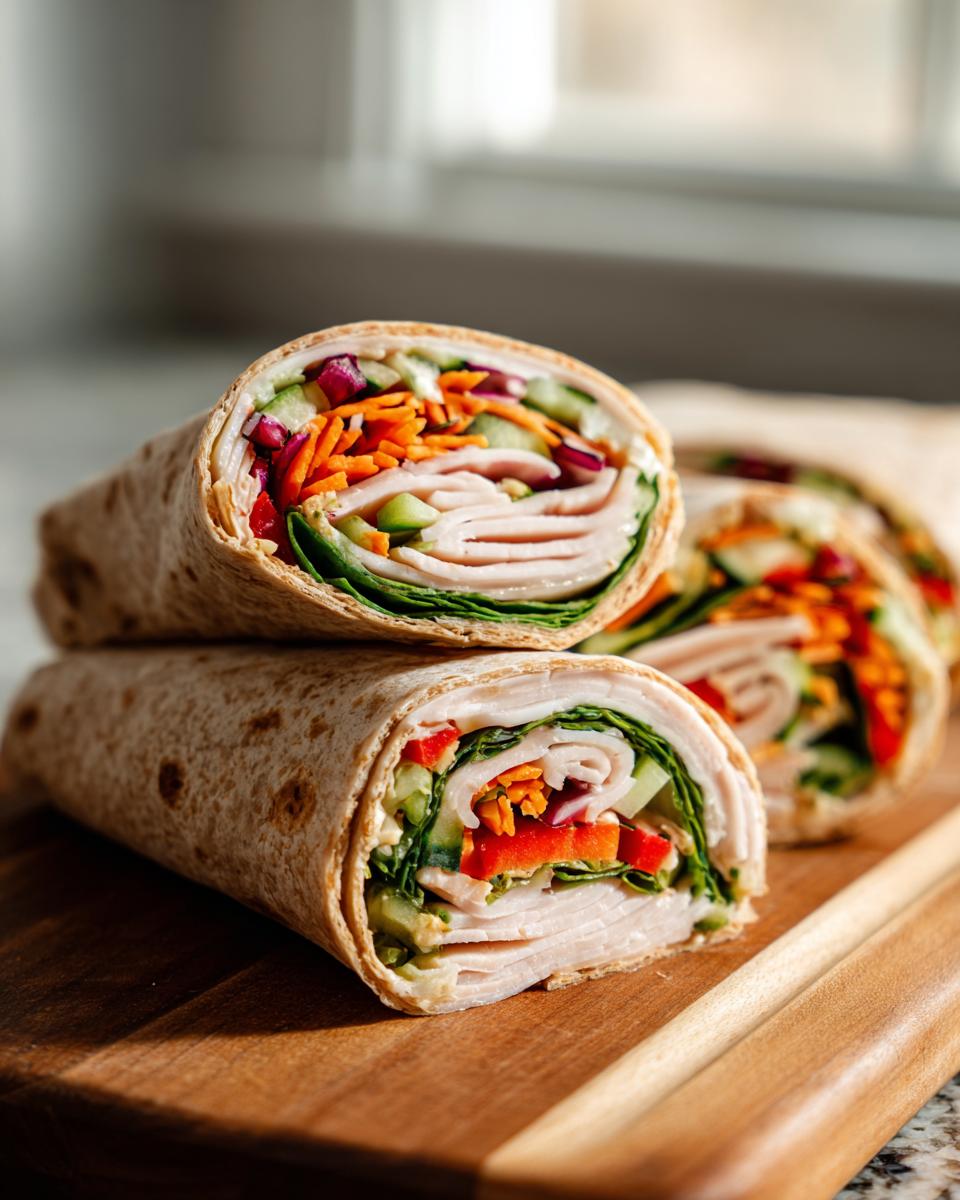 Close-up of healthy turkey wraps filled with sliced turkey, cucumber, carrots, red onion, and lettuce.