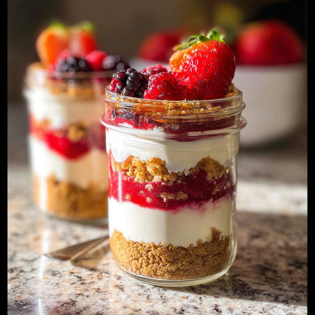 Close-up of a High Protein Cheesecake Jar layered with creamy filling, berry compote, and graham cracker crumble, topped with fresh berries.