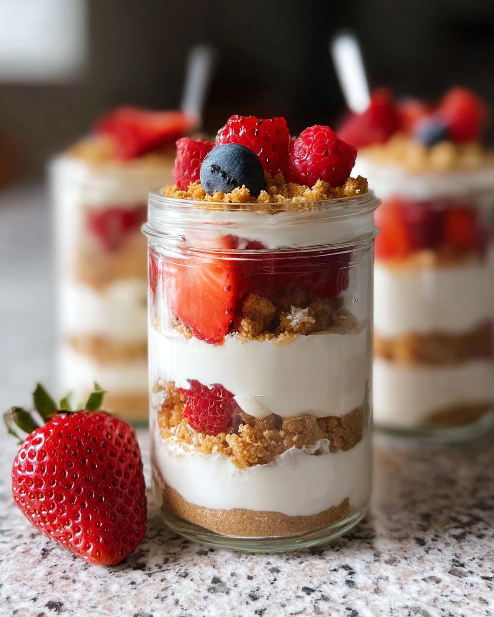Close-up of a High Protein Cheesecake Jar layered with cream, graham cracker crumbs, and fresh berries like strawberries and raspberries.