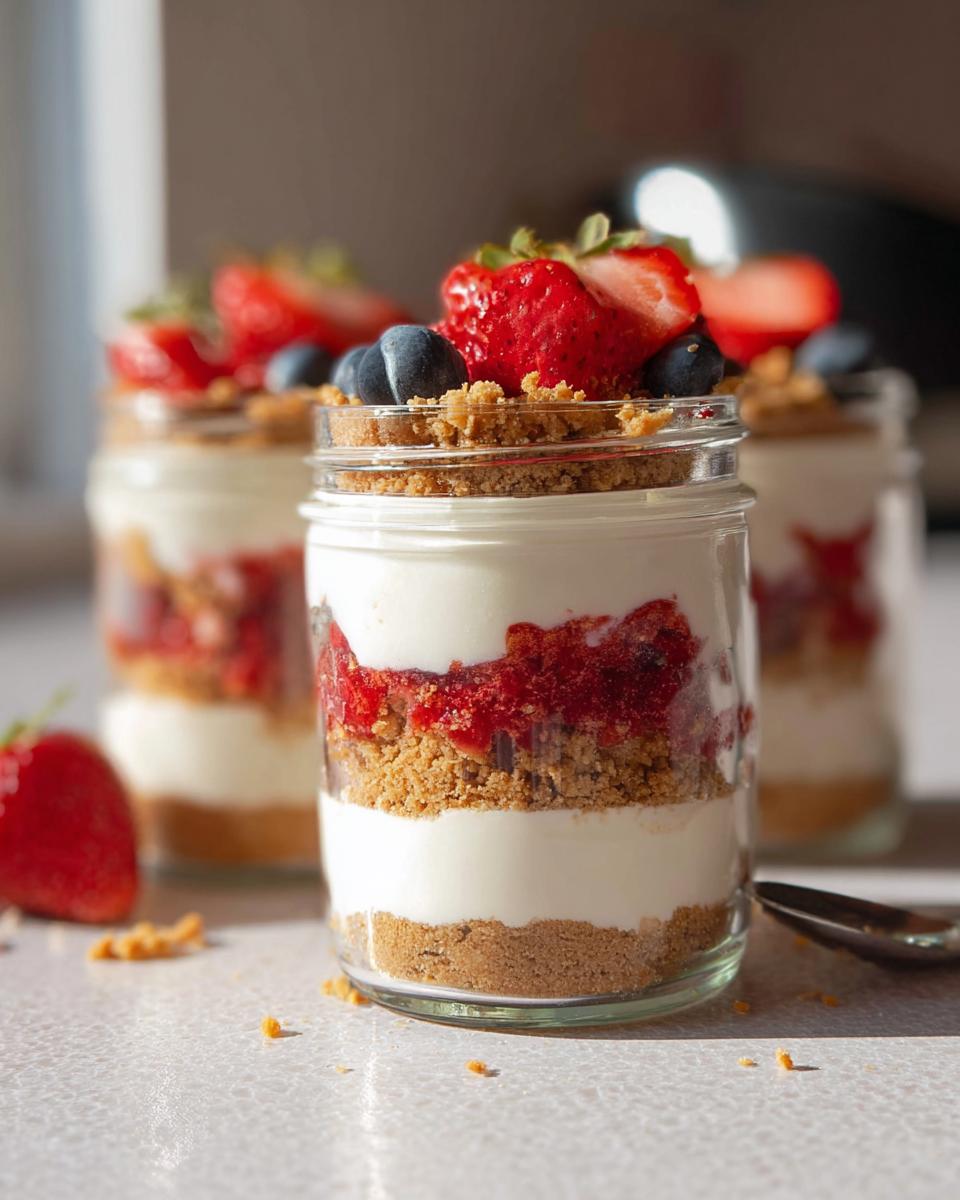Three delicious High Protein Cheesecake Jars layered with cream, crumble, and fresh berries.