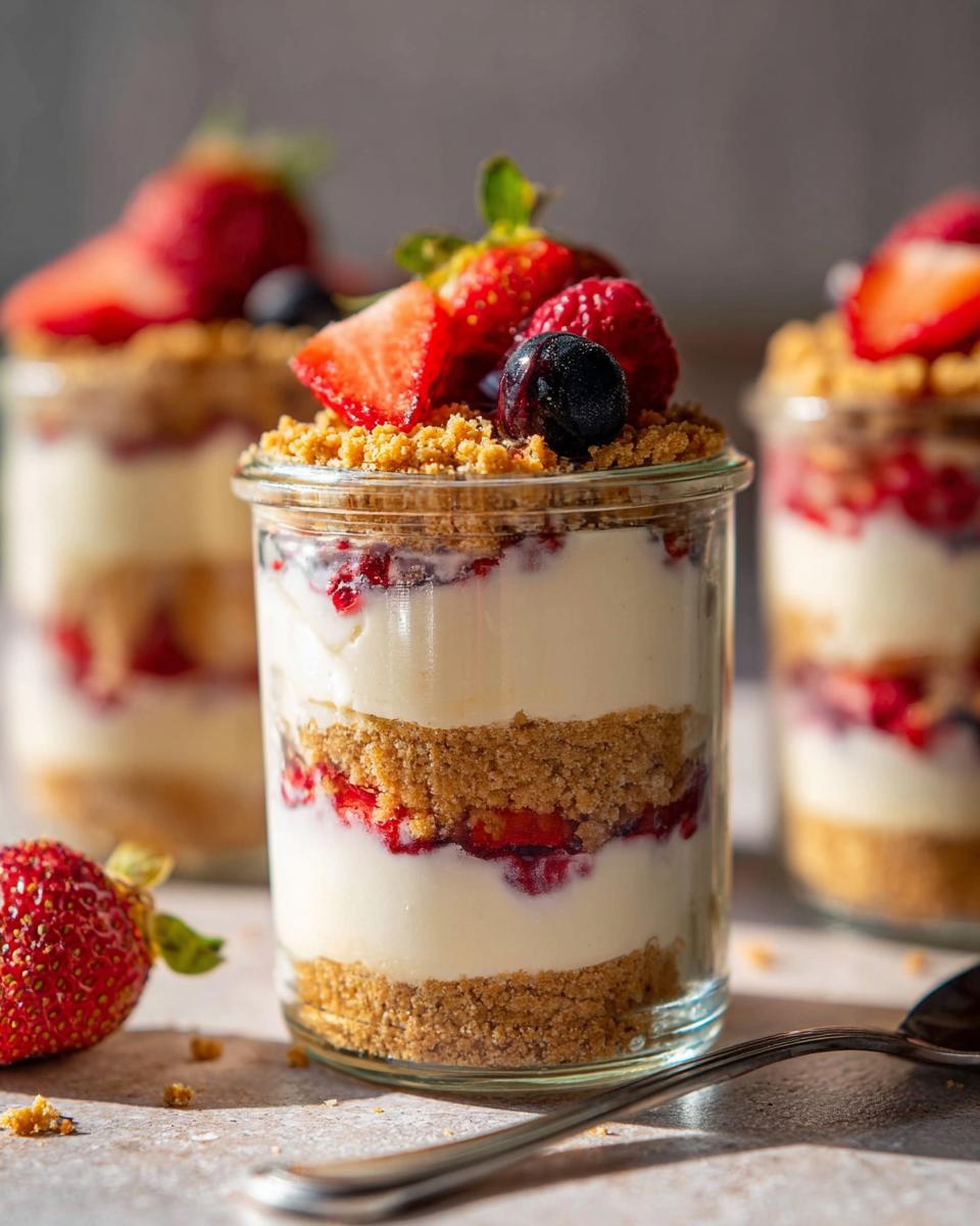 Close-up of a High Protein Cheesecake Jar layered with creamy filling, berry compote, and graham cracker crumbs, topped with fresh berries.