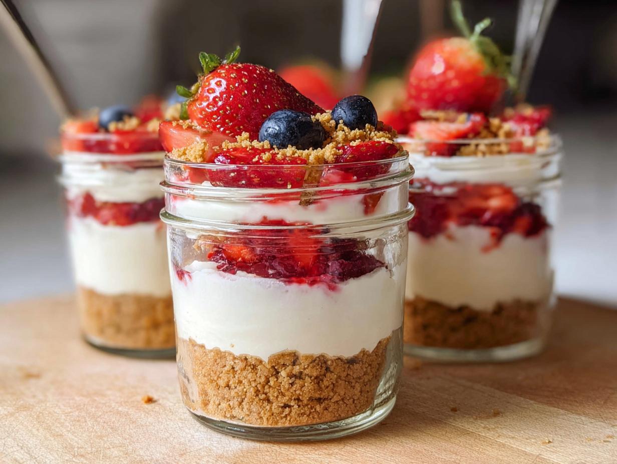 Close-up of delicious High Protein Cheesecake Jars layered with graham cracker crust, creamy filling, and fresh strawberries and blueberries.