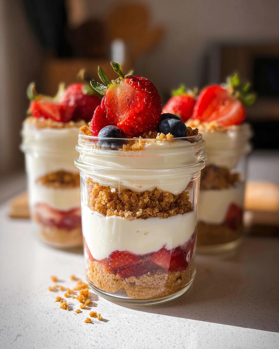 Close-up of a High Protein Cheesecake Jar layered with strawberries, creamy filling, and crumble topping, garnished with fresh berries.