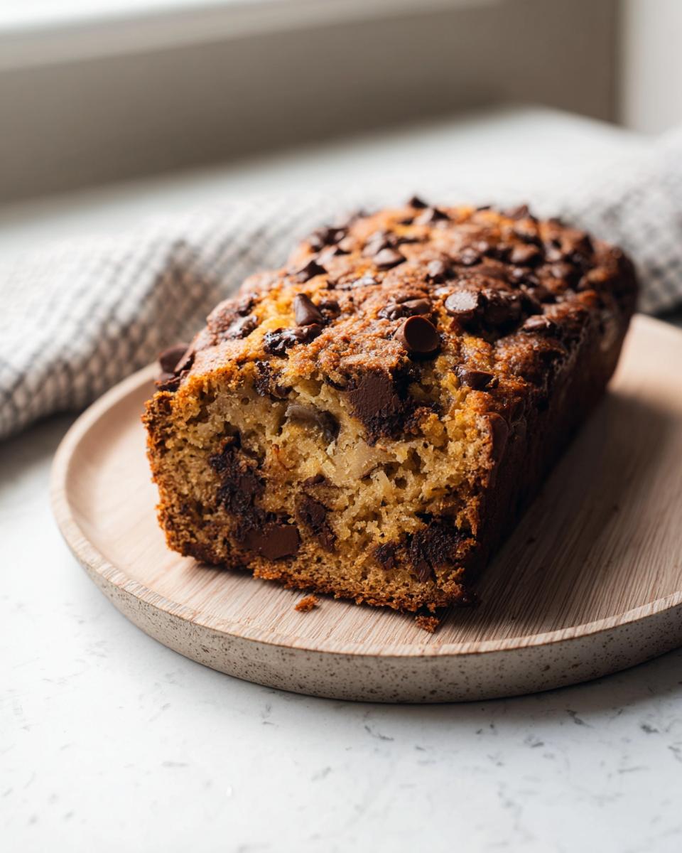 A loaf of High Protein Chocolate Banana Bread studded with chocolate chips, on a wooden plate.