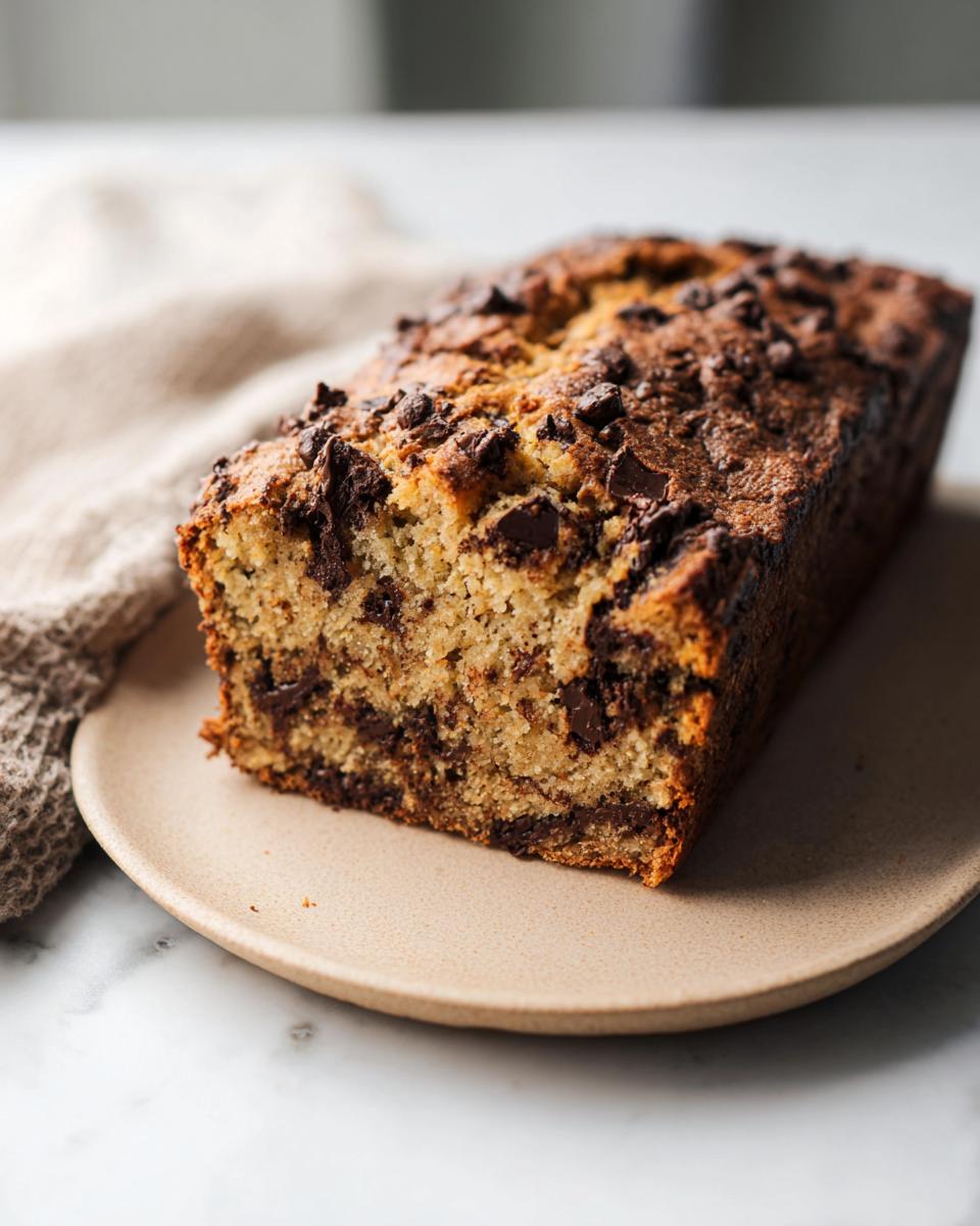 A close-up of a High Protein Chocolate Banana Bread loaf, studded with chocolate chips, on a plate.