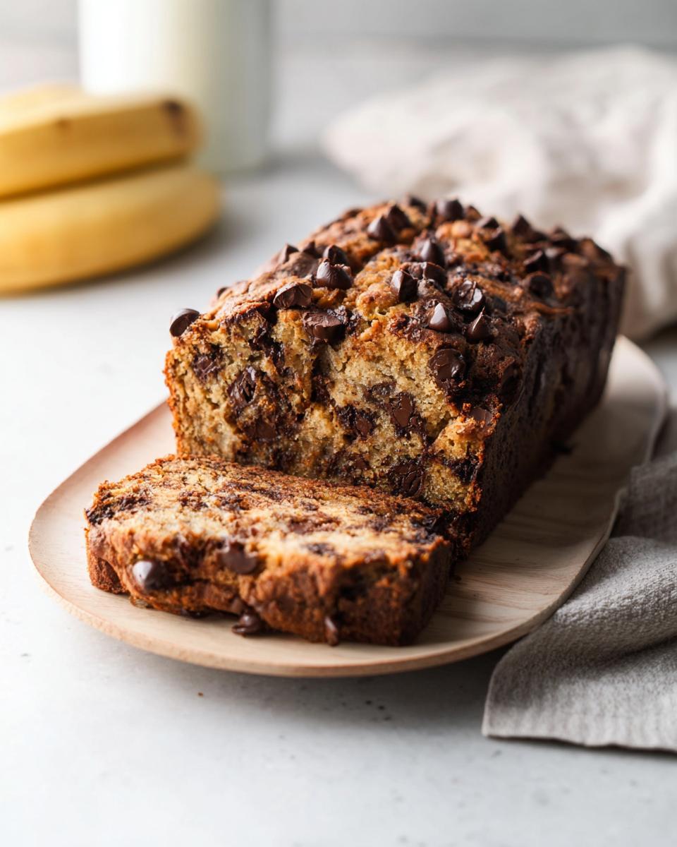 A loaf of High Protein Chocolate Banana Bread, topped with chocolate chips, with a slice cut and resting on a wooden plate.