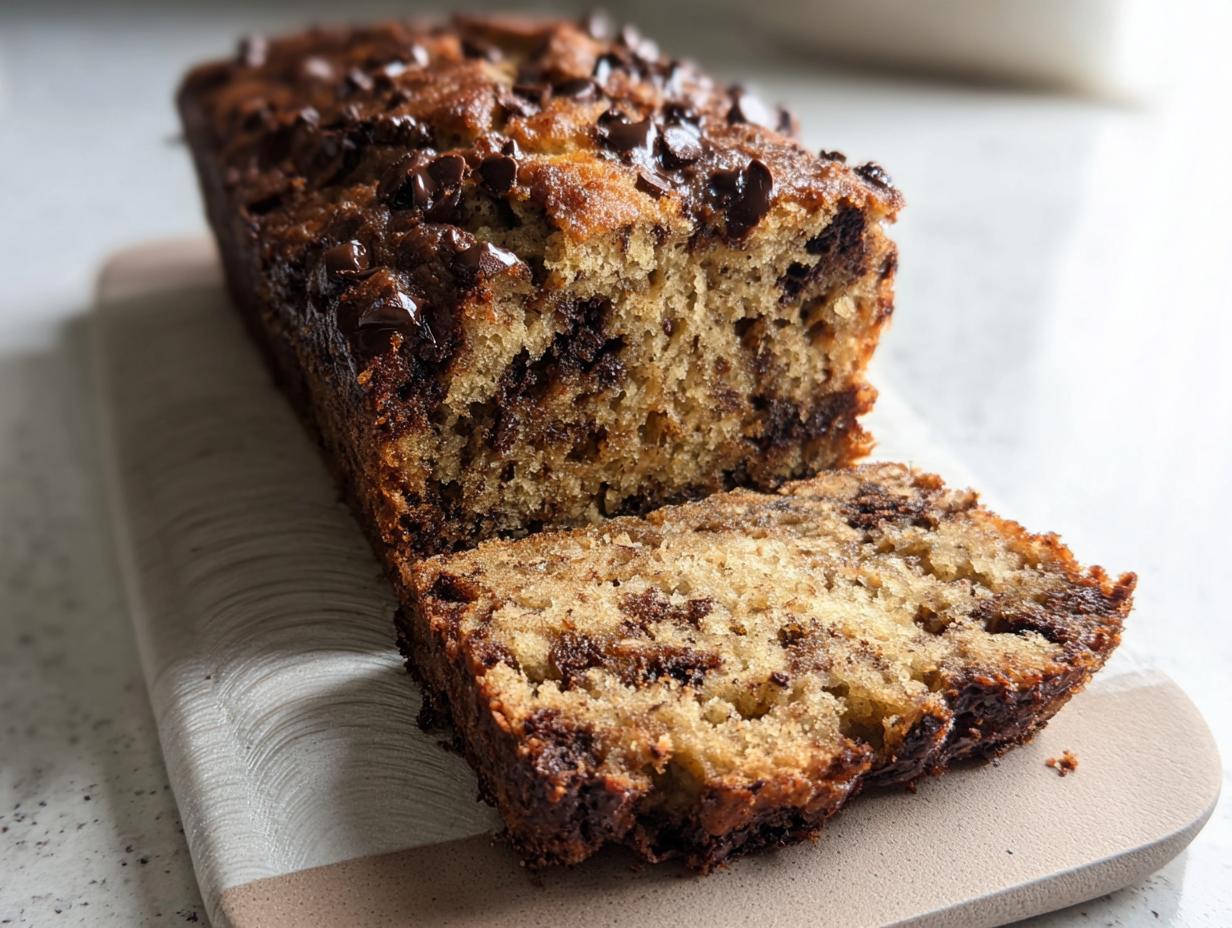 A close-up of a High Protein Chocolate Banana Bread loaf with a slice cut, showing chocolate chips throughout.