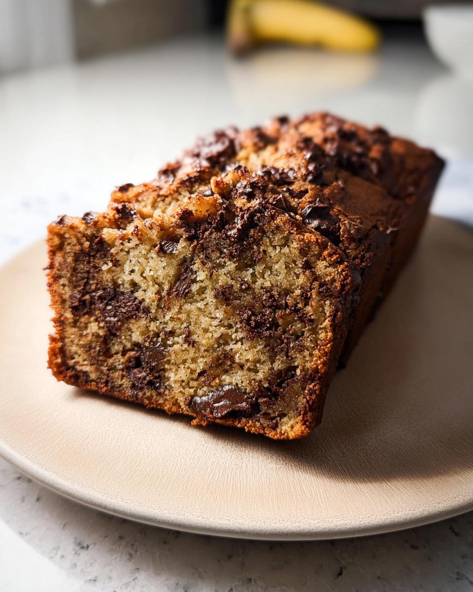 A close-up of a slice of High Protein Chocolate Banana Bread on a plate, showcasing melted chocolate chips.