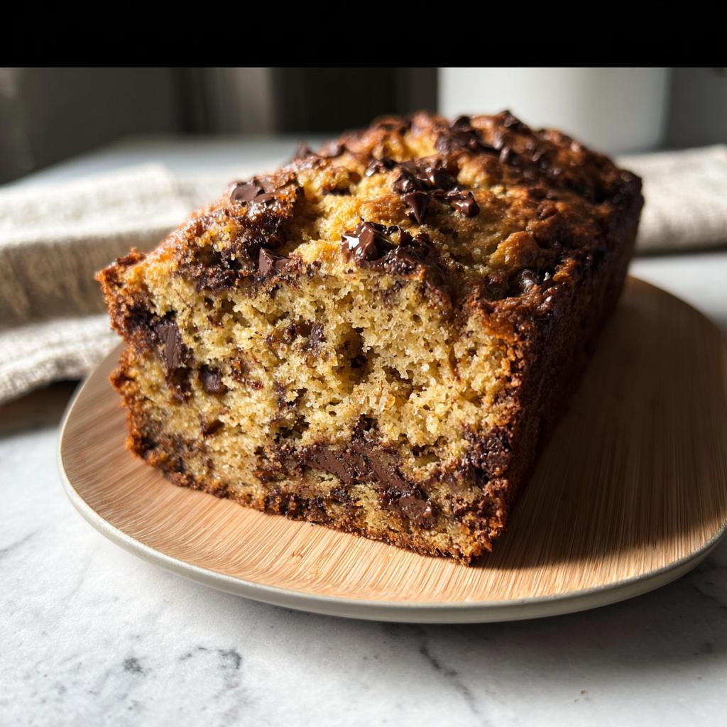 A delicious slice of High Protein Chocolate Banana Bread on a wooden plate, packed with chocolate chips.