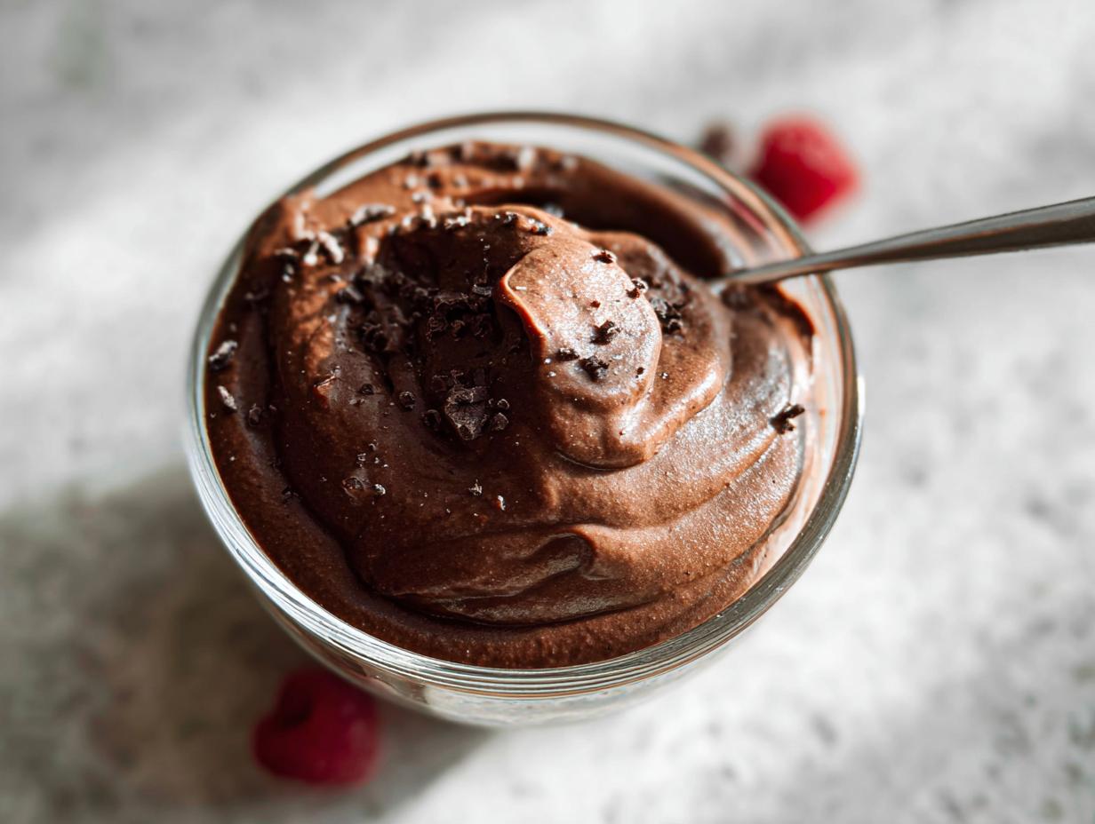 A close-up of a bowl of rich, dark chocolate pudding, topped with chocolate shavings, with a spoon resting in it. This is a High Protein Chocolate Pudding.
