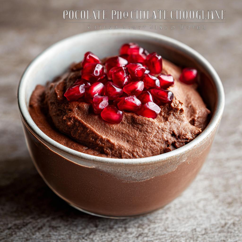A bowl of rich High Protein Chocolate Pudding topped with fresh pomegranate seeds.