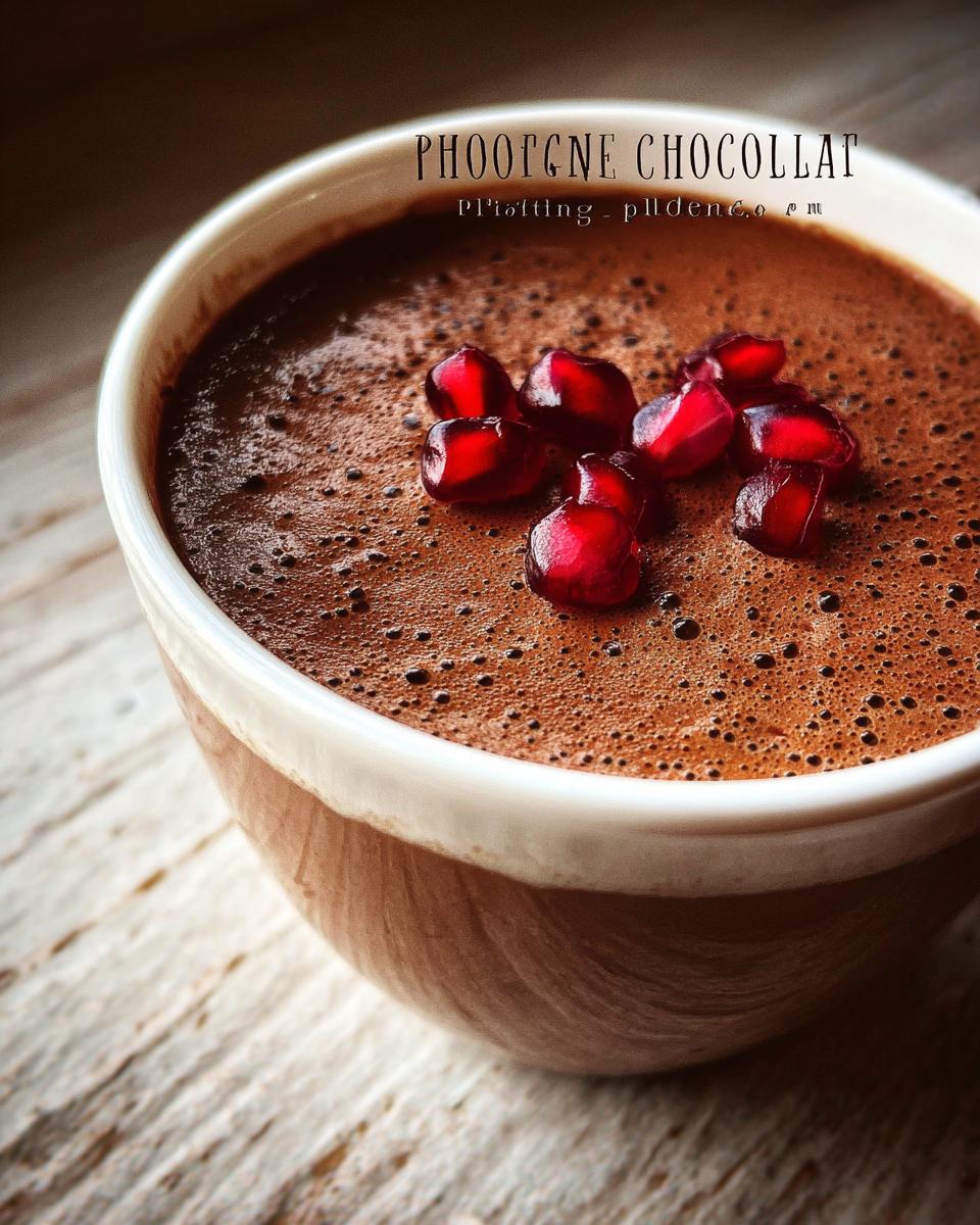 A close-up of a bowl of high protein chocolate pudding topped with fresh pomegranate seeds.