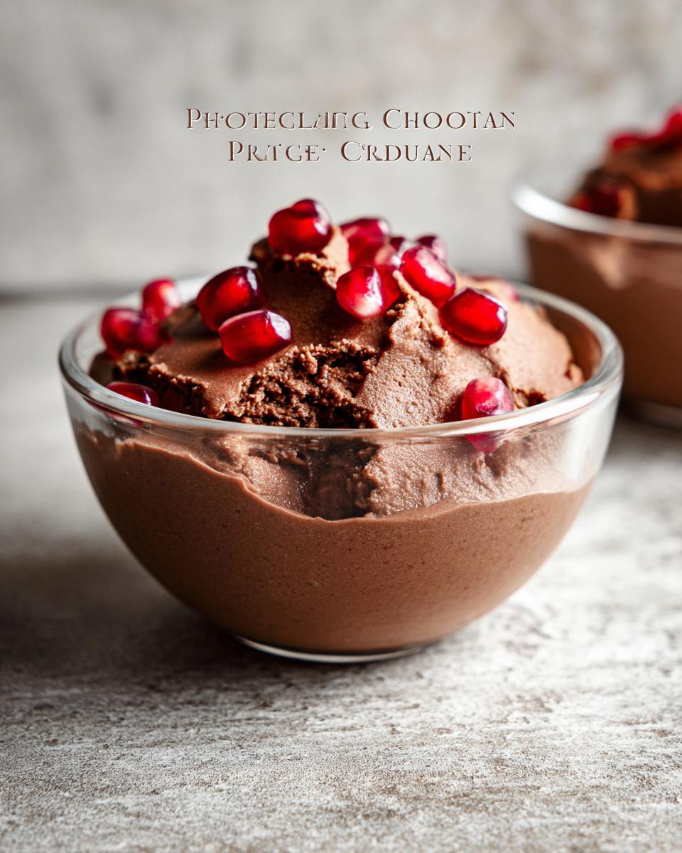 A close-up of a decadent High Protein Chocolate Pudding topped with fresh pomegranate seeds in a clear glass bowl.