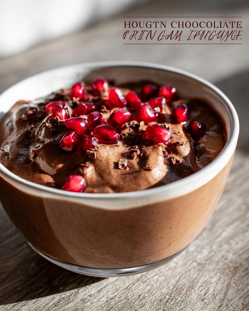 A bowl of rich High Protein Chocolate Pudding topped with fresh pomegranate seeds and chocolate shavings.