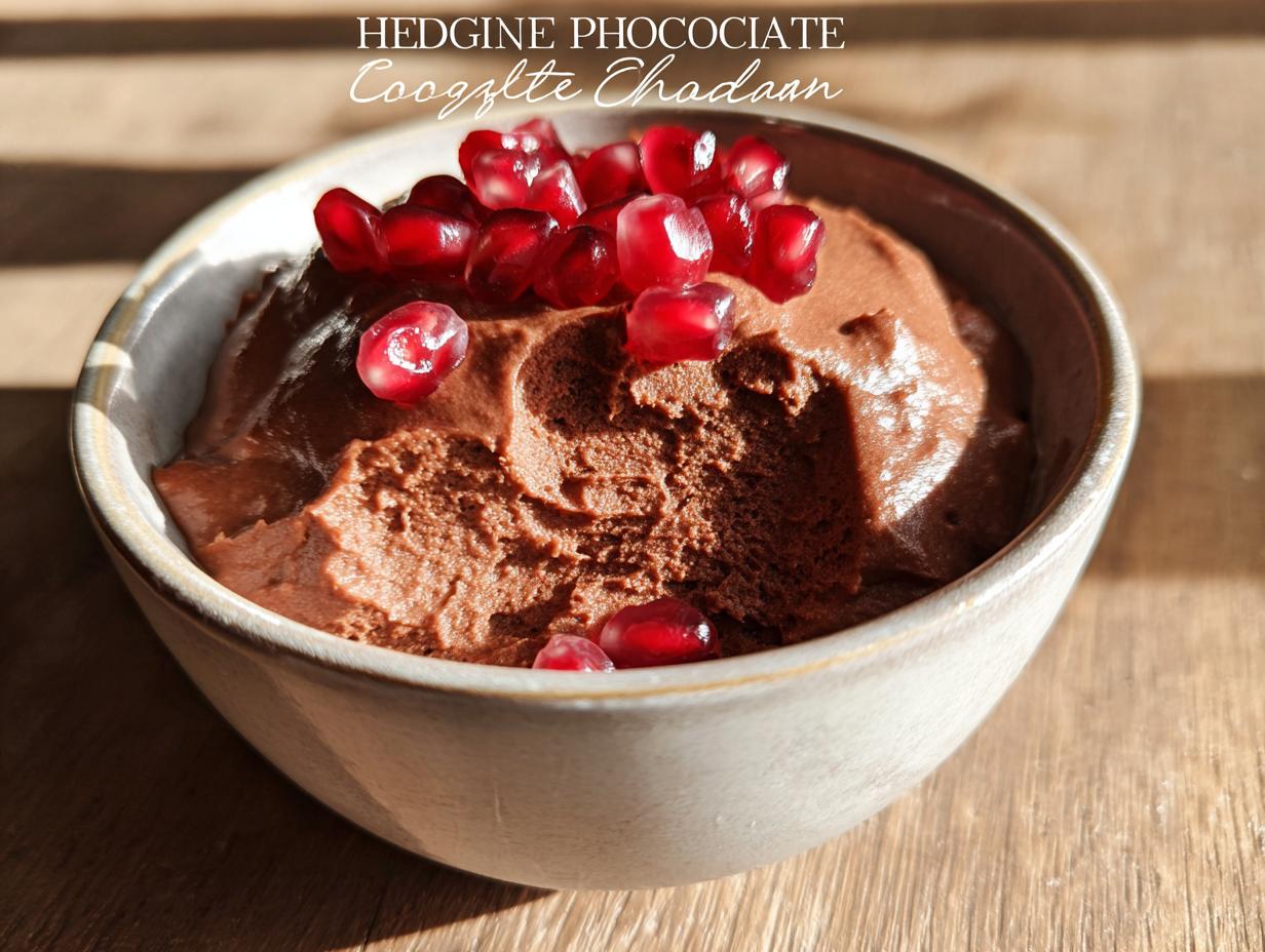 A bowl of rich, creamy High Protein Chocolate Pudding topped with fresh pomegranate seeds.