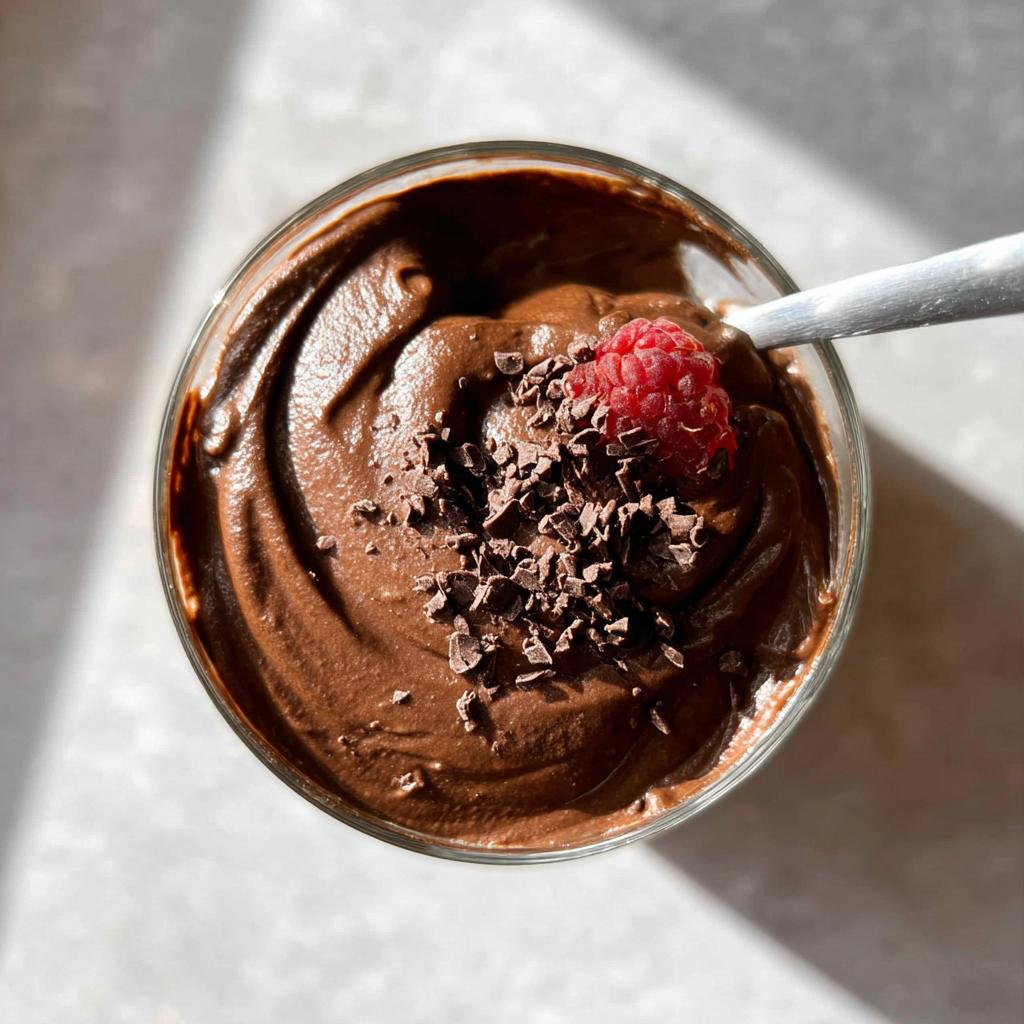 A close-up overhead view of a glass filled with rich, creamy High Protein Chocolate Pudding, topped with chocolate shavings and a fresh raspberry.