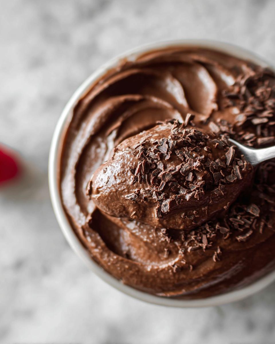 A spoonful of rich, decadent High Protein Chocolate Pudding topped with chocolate shavings.