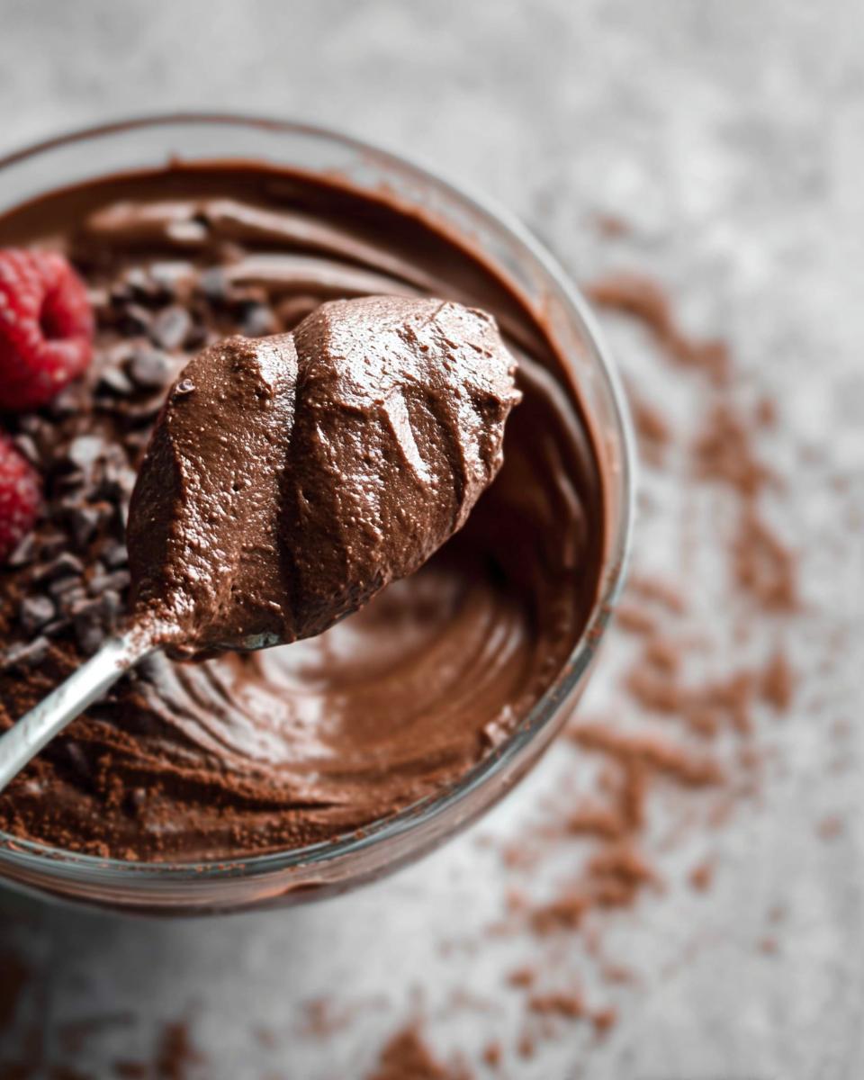A spoonful of rich, creamy High Protein Chocolate Pudding, topped with raspberries and chocolate chips.