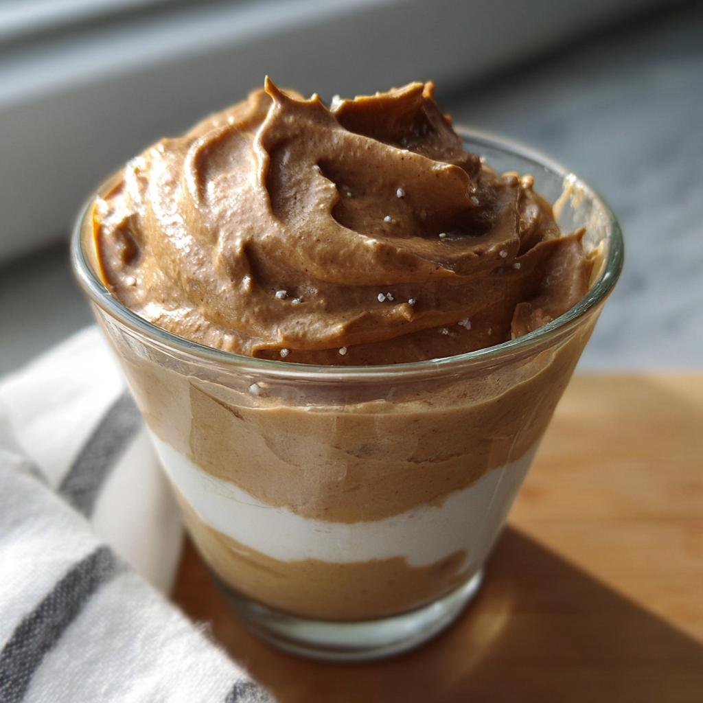 A close-up of a glass filled with layers of High-Protein Cottage Cheese Peanut Butter Mousse, topped with sea salt.
