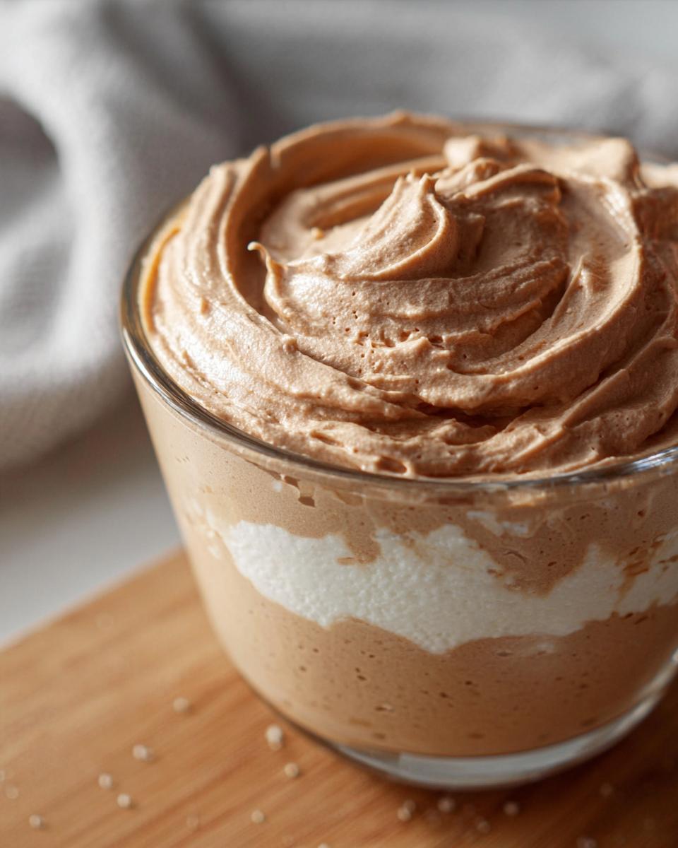 Close-up of a glass bowl filled with swirls of creamy High-Protein Cottage Cheese Peanut Butter Mousse.