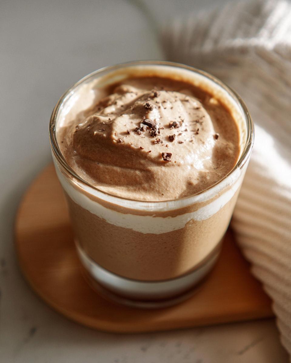 A close-up of a glass filled with High-Protein Cottage Cheese Peanut Butter Mousse, topped with chocolate shavings.