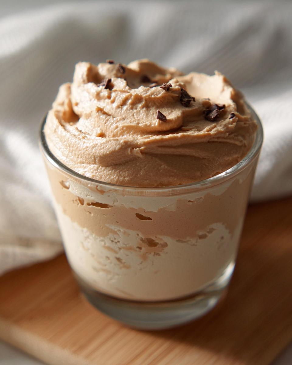 A serving of High-Protein Cottage Cheese Peanut Butter Mousse in a glass, topped with chocolate shavings.