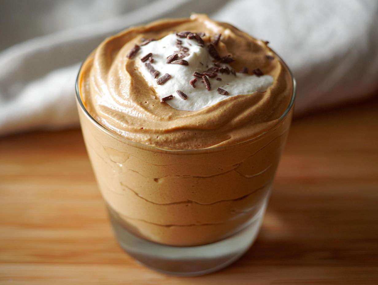 A serving of High-Protein Cottage Cheese Peanut Butter Mousse topped with whipped cream and chocolate shavings in a glass.