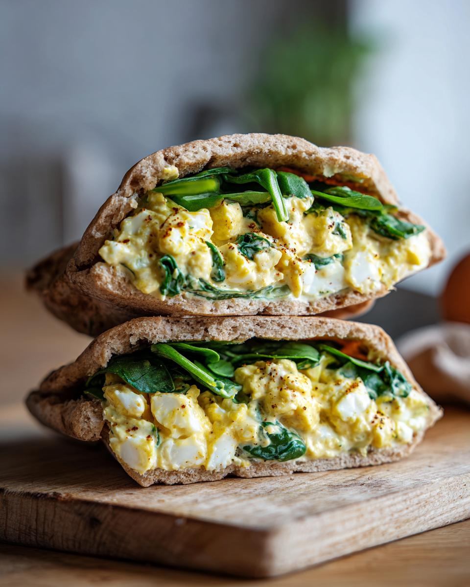 Two halves of a whole wheat pita stuffed with creamy egg salad and fresh spinach. Healthy lunch ideas.