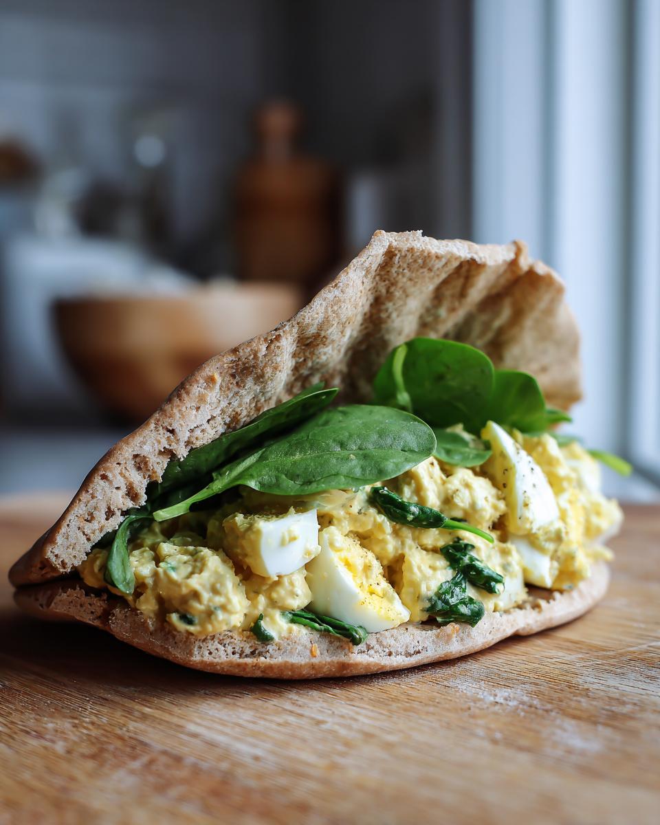 A whole wheat pita pocket stuffed with creamy egg salad, hard-boiled egg pieces, and fresh spinach. Healthy Lunch Ideas for High Protein Egg Salad Stuffed Pitas.