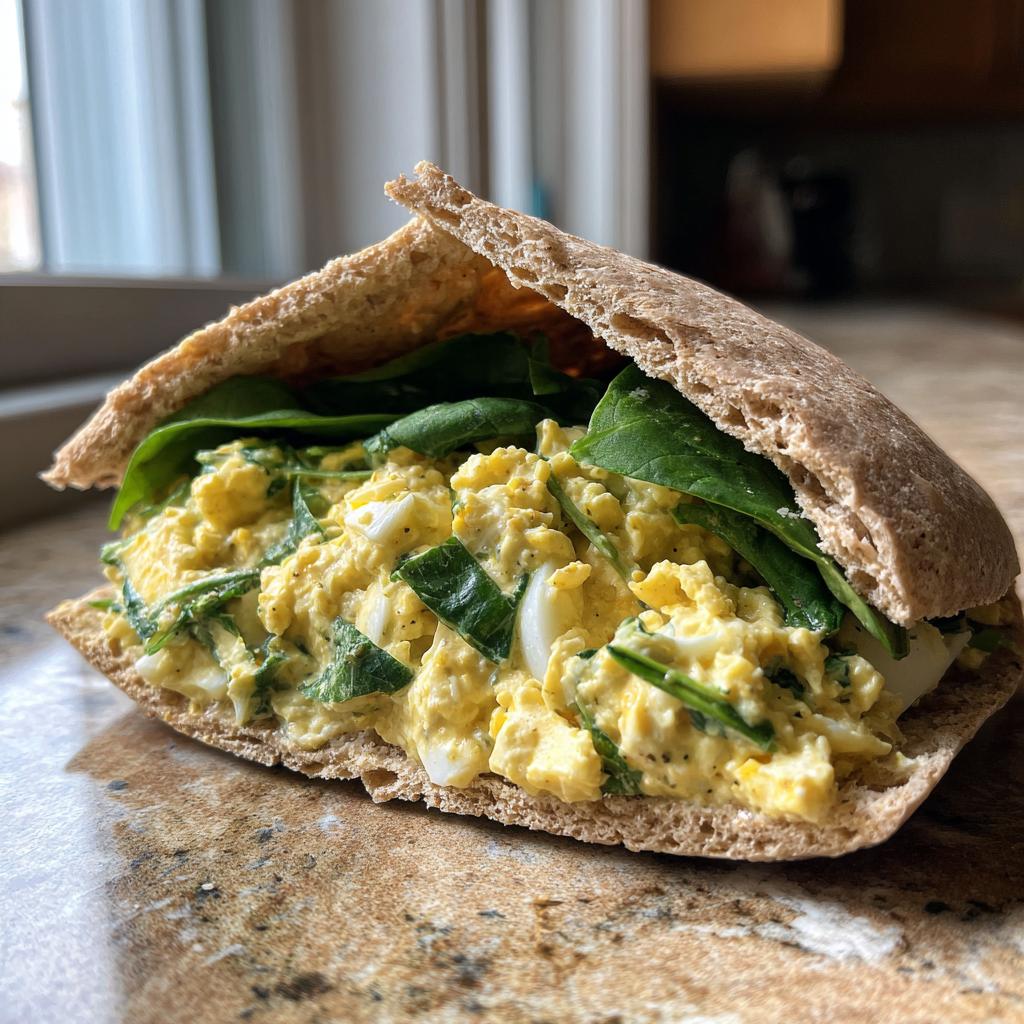 A whole wheat pita pocket stuffed with creamy, high protein egg salad and fresh spinach.