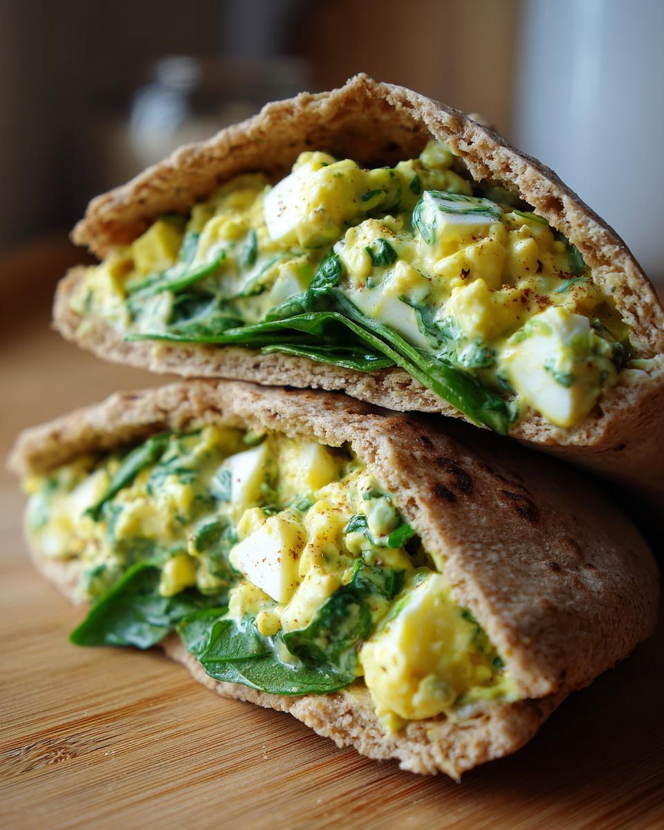 Two halves of whole wheat pita bread stuffed with creamy egg salad, fresh spinach, and herbs. Healthy Lunch Ideas.