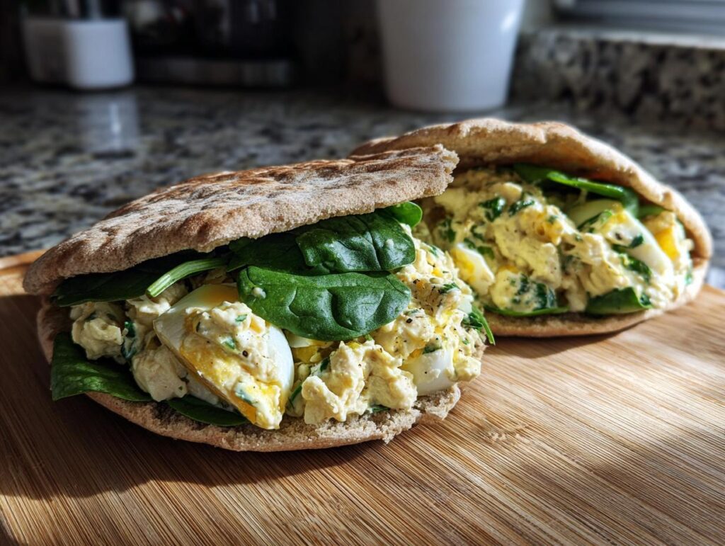 Two whole wheat pitas stuffed with creamy egg salad and fresh spinach, perfect for healthy lunch ideas.