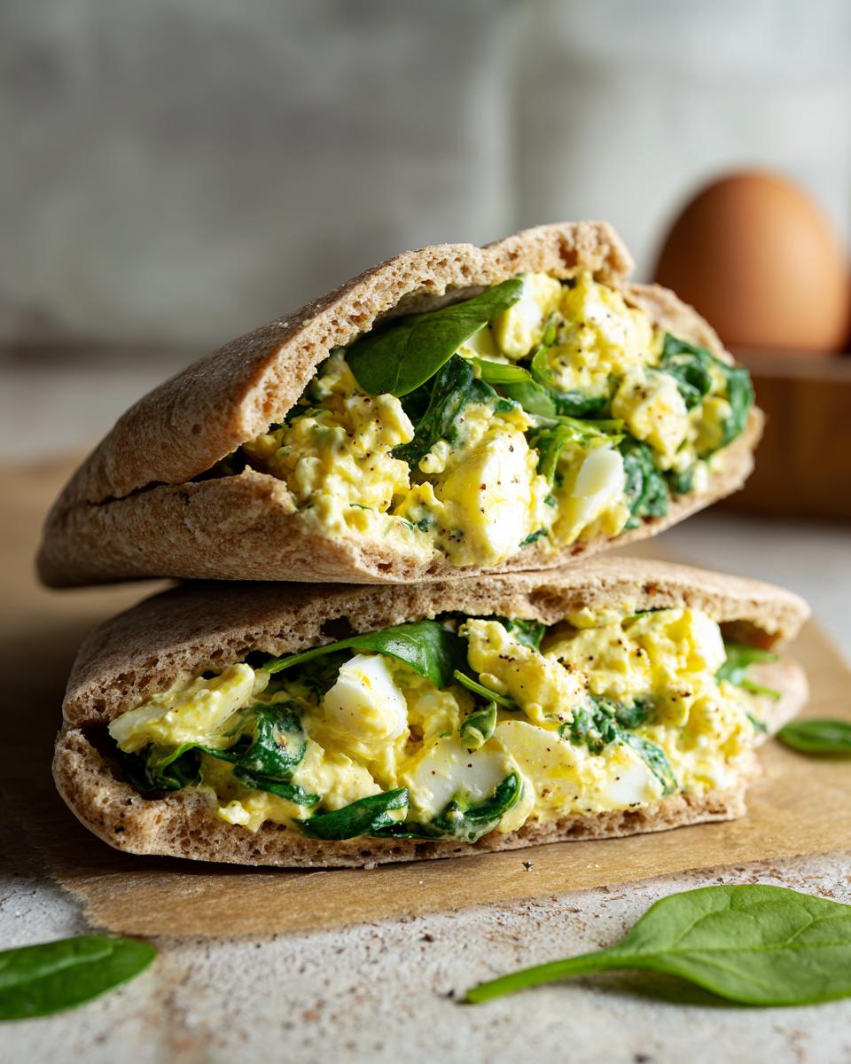 Two halves of whole wheat pita bread stuffed with creamy egg salad and fresh spinach, part of healthy lunch ideas.