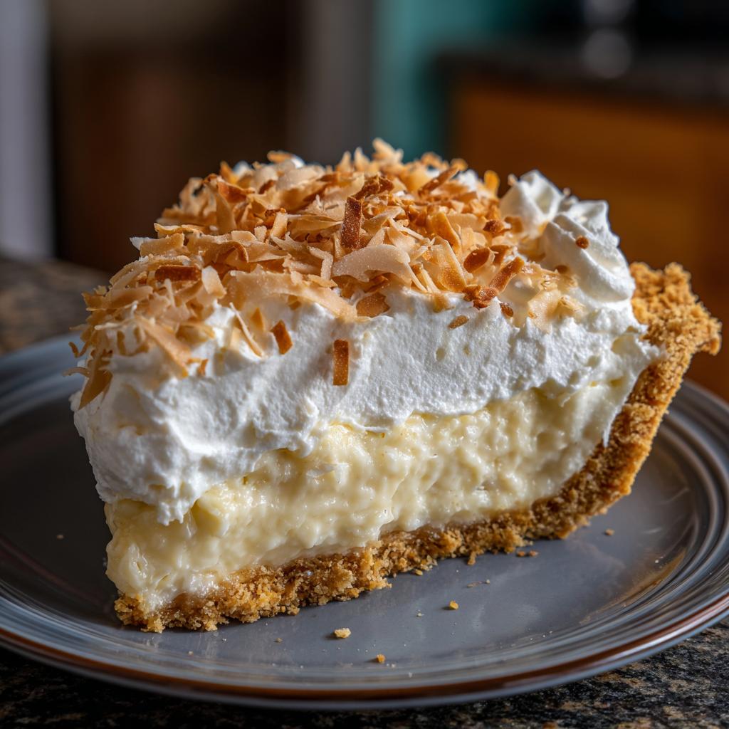 A slice of creamy coconut cream pie topped with whipped cream and toasted coconut flakes, perfect for holiday dessert recipes.