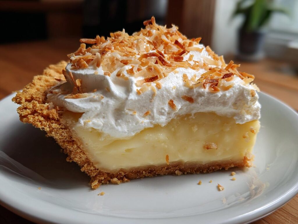 A slice of creamy coconut cream pie topped with whipped cream and toasted coconut flakes, perfect for holiday dessert recipes.