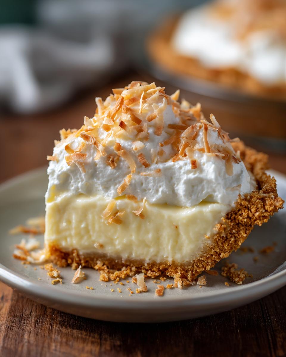 A slice of creamy coconut cream pie topped with whipped cream and toasted coconut flakes.