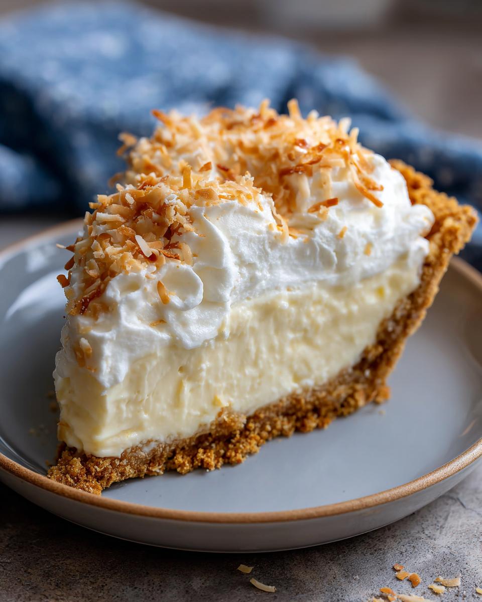 A slice of creamy coconut cream pie topped with whipped cream and toasted coconut flakes.